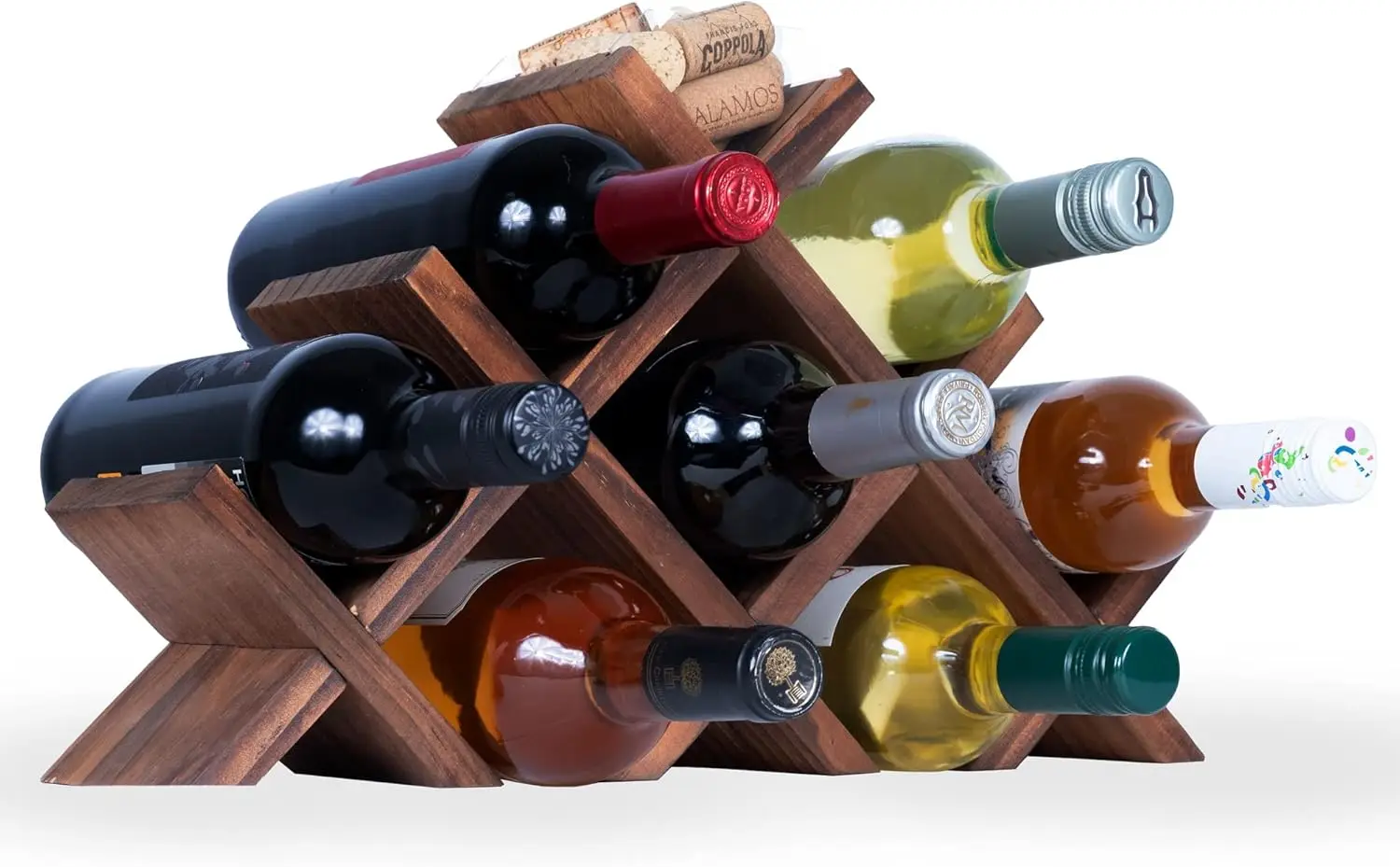 

Alella Countertop Wood Wine Rack for 8 Bottles Holder and Cork Storage Tabletop Butterfly Sleek Design Freestanding Org