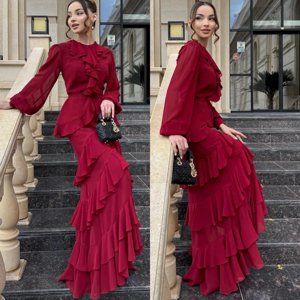 

Customized Elegant Chiffon Evening Dress Delicate O-Neck Prom Dresses Temperament Tiered Long Sleeves Special Occasion Gowns