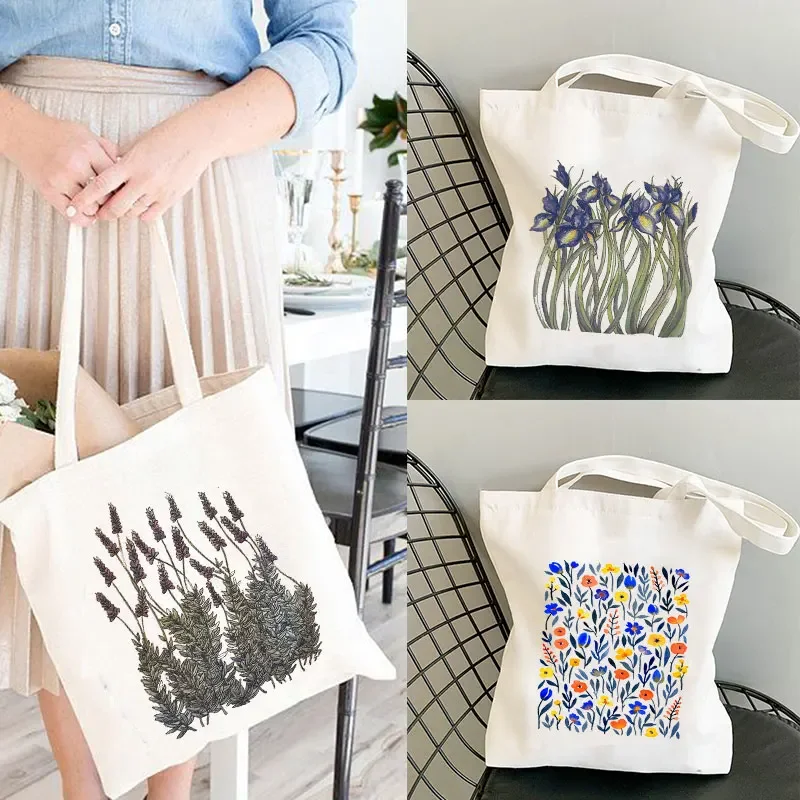 Floral Tote Bag  Shoulder Bags Watercolor Print Flowers Daisy Totes Lavender Rose Garden Eco-Friendly Reusable Cute School Bag