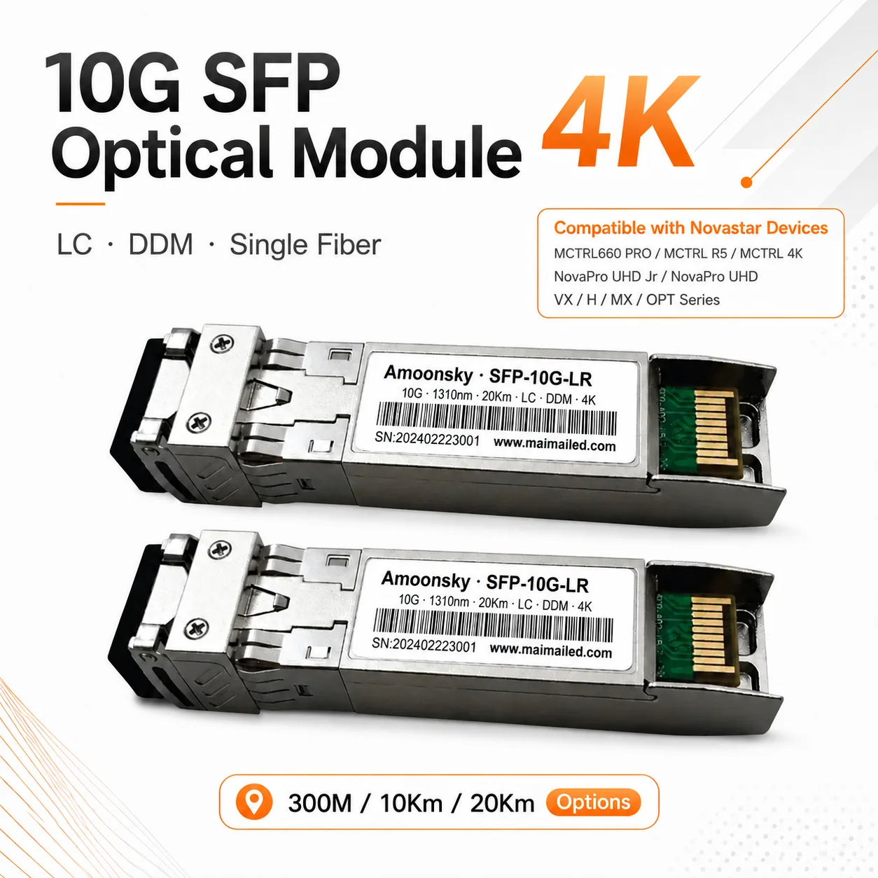 Amoonsky AMS-SFP 10G 20Km SFP+ LC Optical Transceiver Single Mode Single Fiber Dual Fiber for Novastar LED Controller
