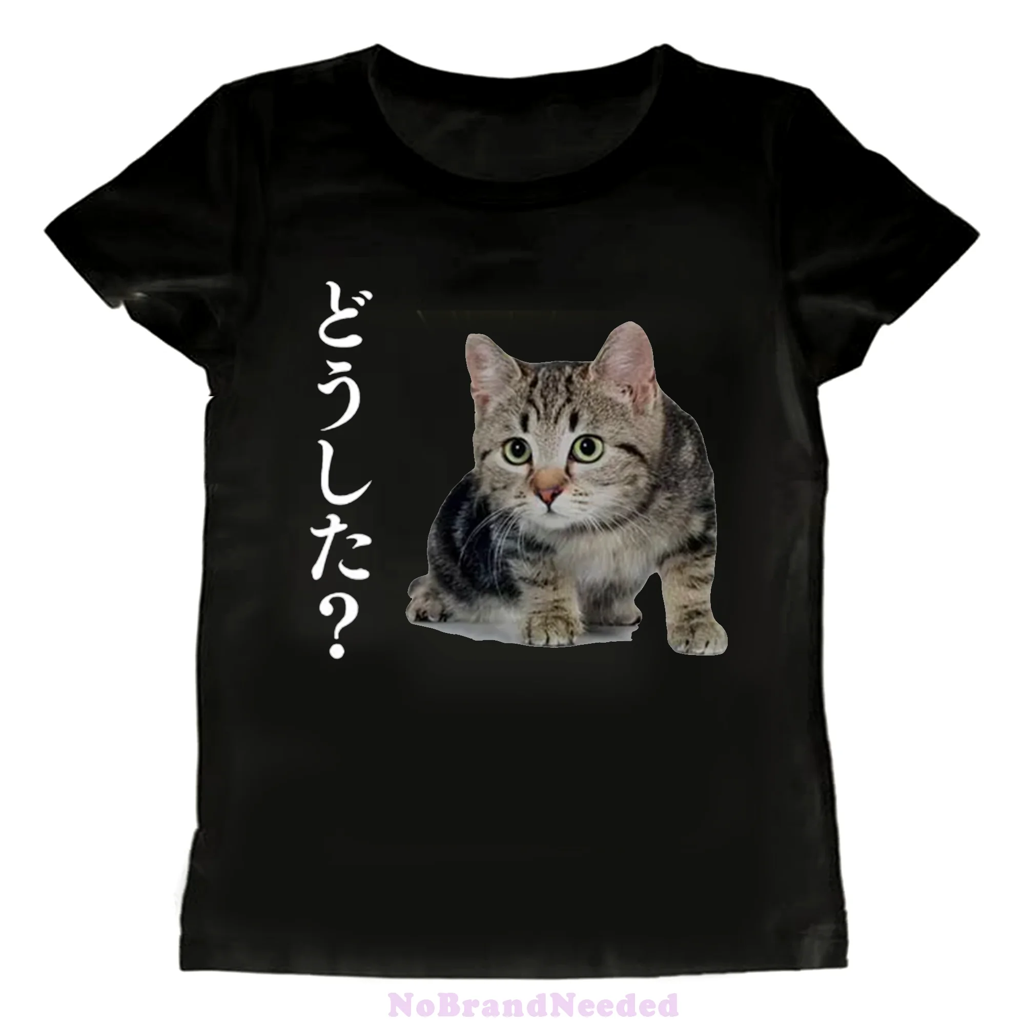 What's Wrong?Cat Pattern Printed T-shirt Gothic 2000s Tops Grunge Clothes Summer Casual Women Top Y2k Style Short Sleeve Tees