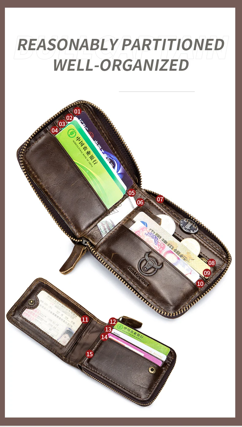BULLCAPTAIN Herren Echtleder-Geldbörse mit RFID-Schutz, Vintage Rindsleder Reißverschluss-Brieftasche mit Münzfach, Kreditkartenhalter – Detail 9