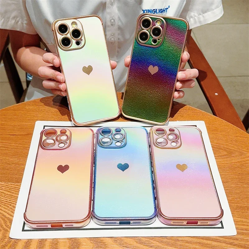 Colourful Love Heart Electroplated Phone Case For iPhone 16 15 14 13 12 11 Pro Max Plus Shockproof Silicone Soft TPU Back Cover