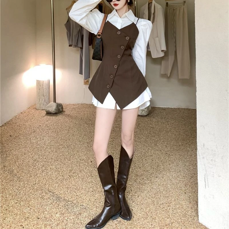 Sets Women Shirts Elegant Vests Asymmetrical Autumn Puff Sleeve Turn Down Collar Single Breasted Temperament Mature Party Cozy