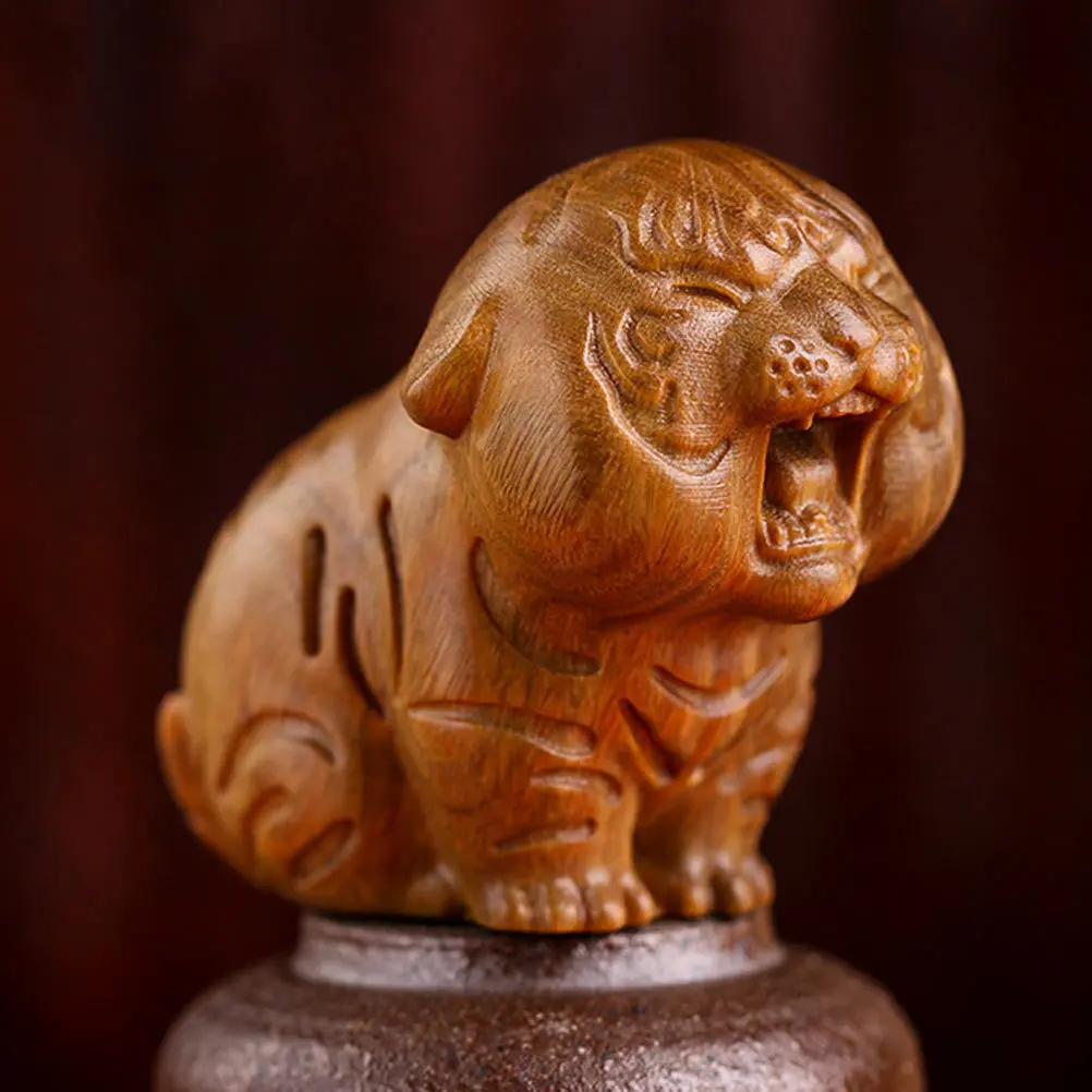 

Wooden Tiger Desktop Ornament Delicate Carved Tiger Decoration Home Desktop Decor Creative Animal Wood Craft Tea Pet