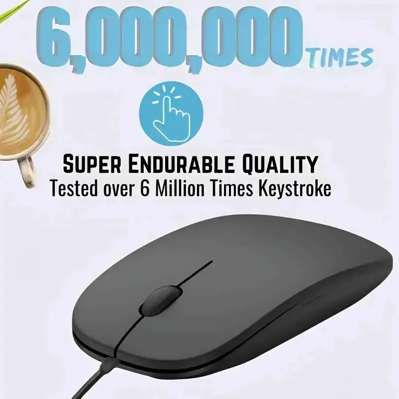 60,000 Times Durable USB Wired Mouse - Super Endurable Quality, Optical Tracking, Ergonomic Design for Laptop, Office, Black