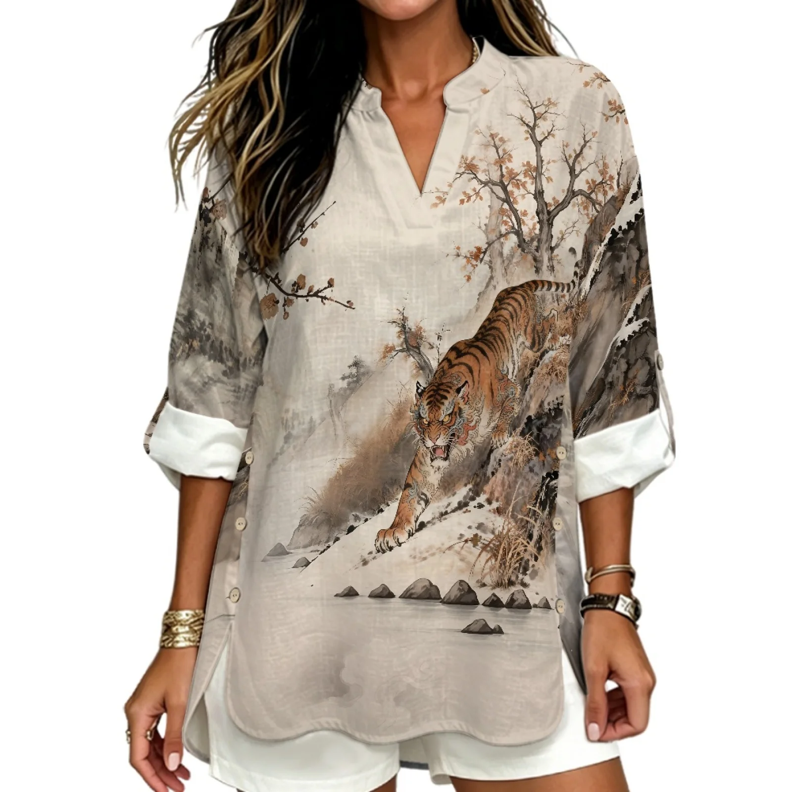 PENSTROLL Tiger Landscape Linen Like V Neck Tunic Tops for Early Fall Breathable V Neck Shirts Casual Loose Fit Blouses