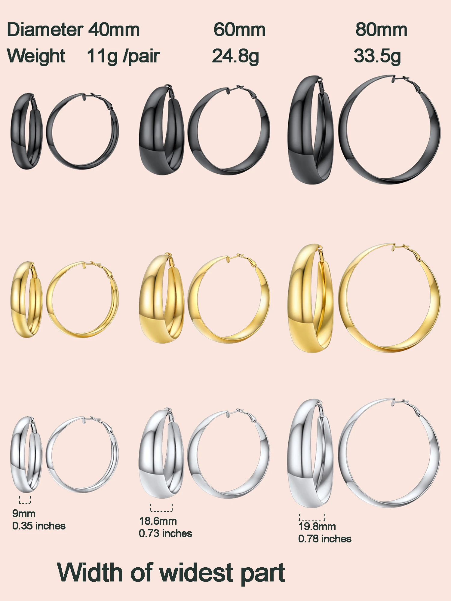 U7 Stainless Steel 40/60/80mm Curve Band Round Hoop Earrings for Woman Small Large Statement Hoops Lightweight Ear Jewelry Gift