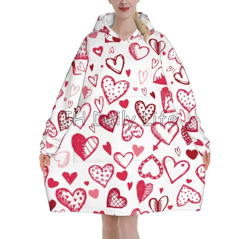 Valentine's Day Red Love Hearts Wearable Blanket Oversized Hoodie Blanket Women Flannel Fleece Pullover Sweatshirt Soft Pajamas