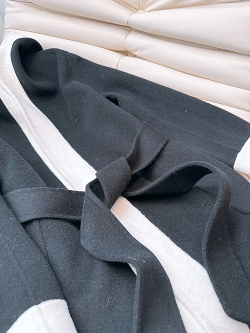 Dwustronny płaszcz wełniany damski, szlafrok, odzież wierzchnia, kolor biały, model Blo 00, długi płaszcz zimowy z wełny, ocieplany.