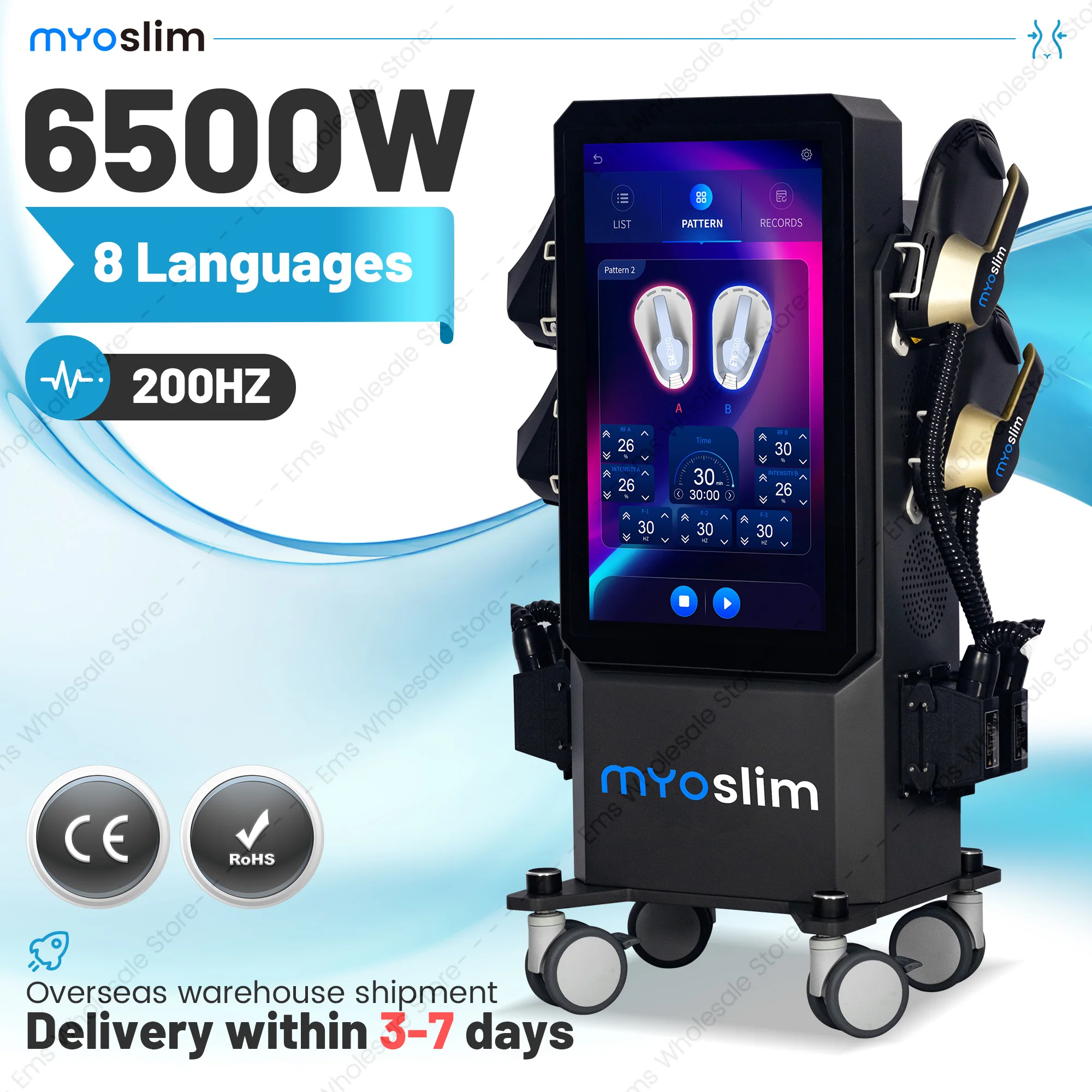 

Высокомощный аппарат Myoslim PRO Super Therapy 6500W Hiemt для похудения, EMS-стимуляции мышц и коррекции фигуры, профессиональный EMS NEO-аппарат.