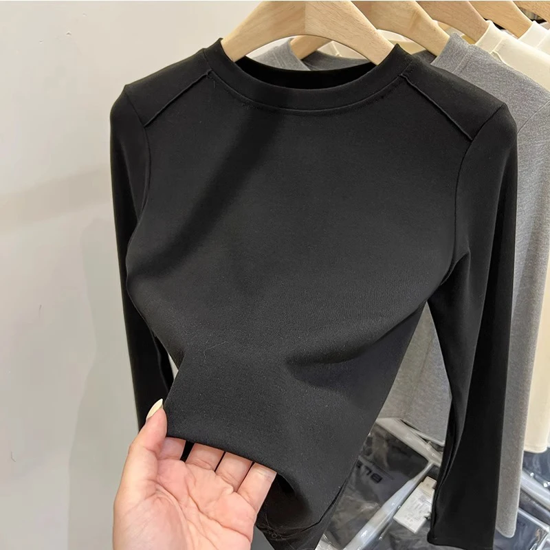 AOSSVIAO Basic-T-Shirt im koreanischen Stil mit Rundhalsausschnitt, Herbst-Winter, neu, figurbetont, einfarbig, Damen-T-Shirt, vielseitige, langärmlige Strickoberteile zum Schichten – Detail 3