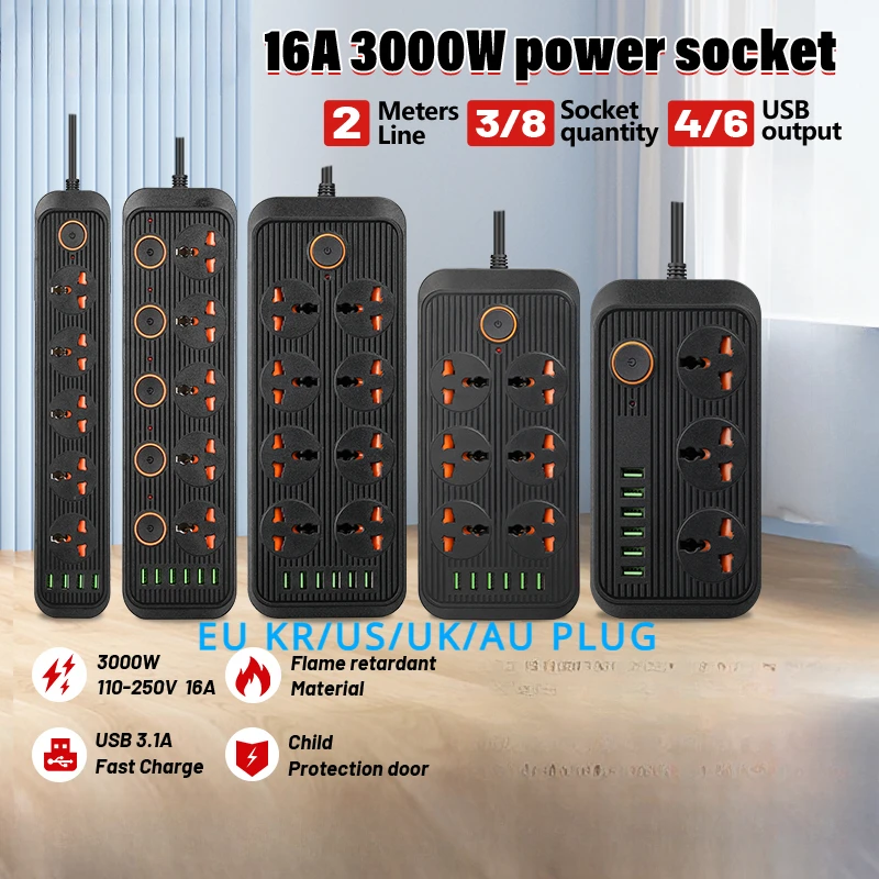 Universal 3000W Power Strip Socket US EU UK AU KR Plug 4 6 Outlet with USB Separate Switch Lightning Protection Extension Socket