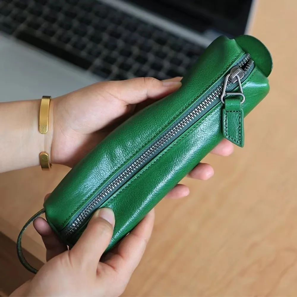 PU Leather Pen Pouch Single Compartment Zipper Closure Pen Bag Waterproof Wrist Loop Stationery Pouch School Office Supplies