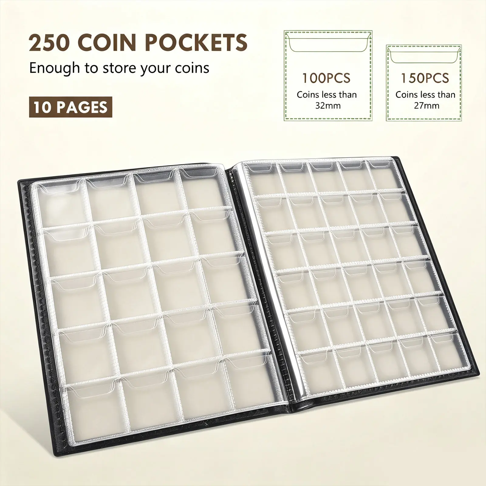 Coin Collection Book PU Thickened Clear Pocket Album Storage Holder for Coins Medals Tokens Badges Collectors Supplies