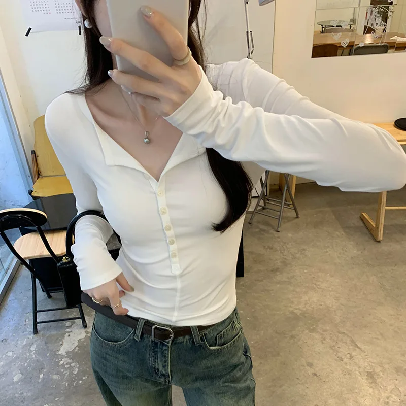 Mujer primavera otoño camisa de fondo blanco puro hombro Regular cuello pico manga larga Camiseta Vintage Base Jersey