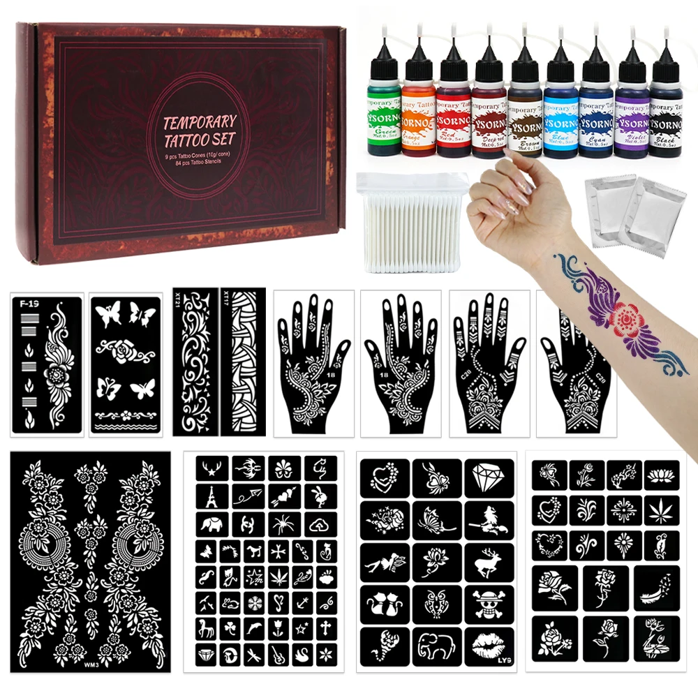

Temporary Tattoo Kit 9 Bottles Color Inks, 84 Pcs Stencils Kit for Body Paint DIY Tattoos Temp, Colorful Tattoo Juice Paste