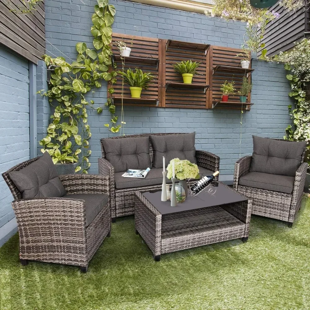 4 PCS Patio Furniture Set with Padded Cushion & Tempered Glass Coffee Table, Wicker Patio Furniture Set