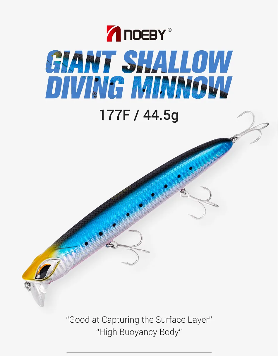 Noeby Flacher Tauchköder 177 mm, 44,5 g schwimmende Minnow-Angelköder, hoher Auftrieb, Oberflächenschicht, harte Köder, Angelgerät – Detail 1