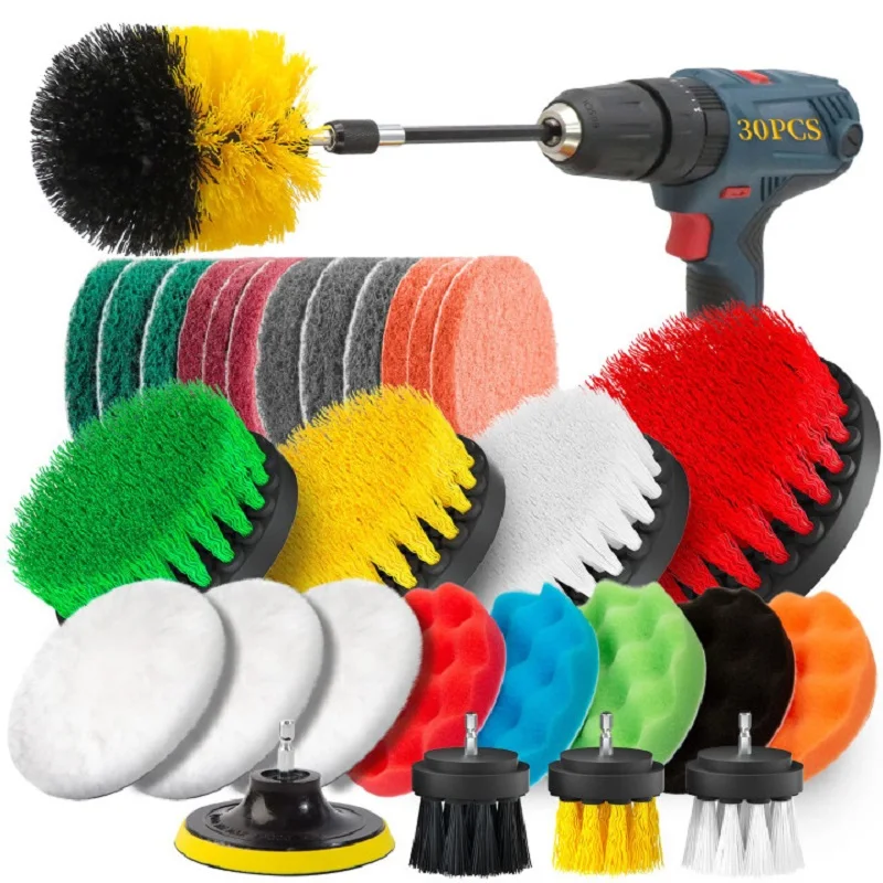 30 Pcs Drill Cleaning Brush Attachment Set Sponge Power Scrubber Pad All Purpose Cleaner For Tiles, Sinks, Bathroom, Kitchen