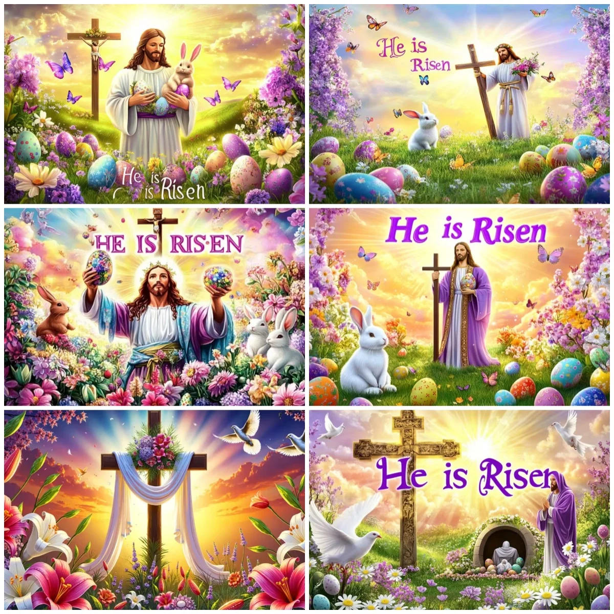 

Easter Religion Jesus Theme Party Decoration Colorful Eggs Rabbit Backdrop He Is Risen Cross Scene Background Photography Props