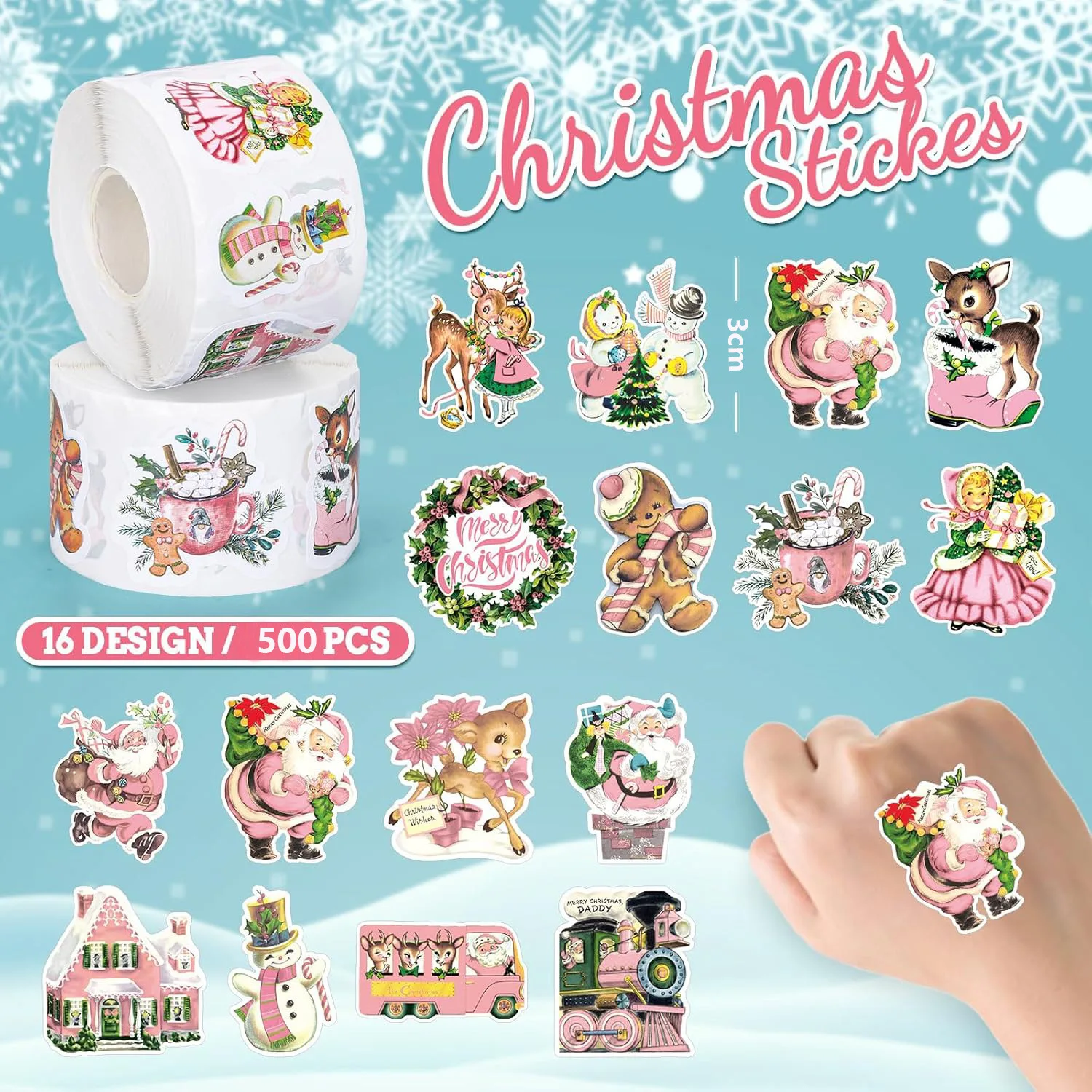 500pcs/roll Pink Christmas Stickers, Winter Cartoon Retro Christmas Sticker Rolls Pink Victorian Santa Claus Elk Snowman Gingerb