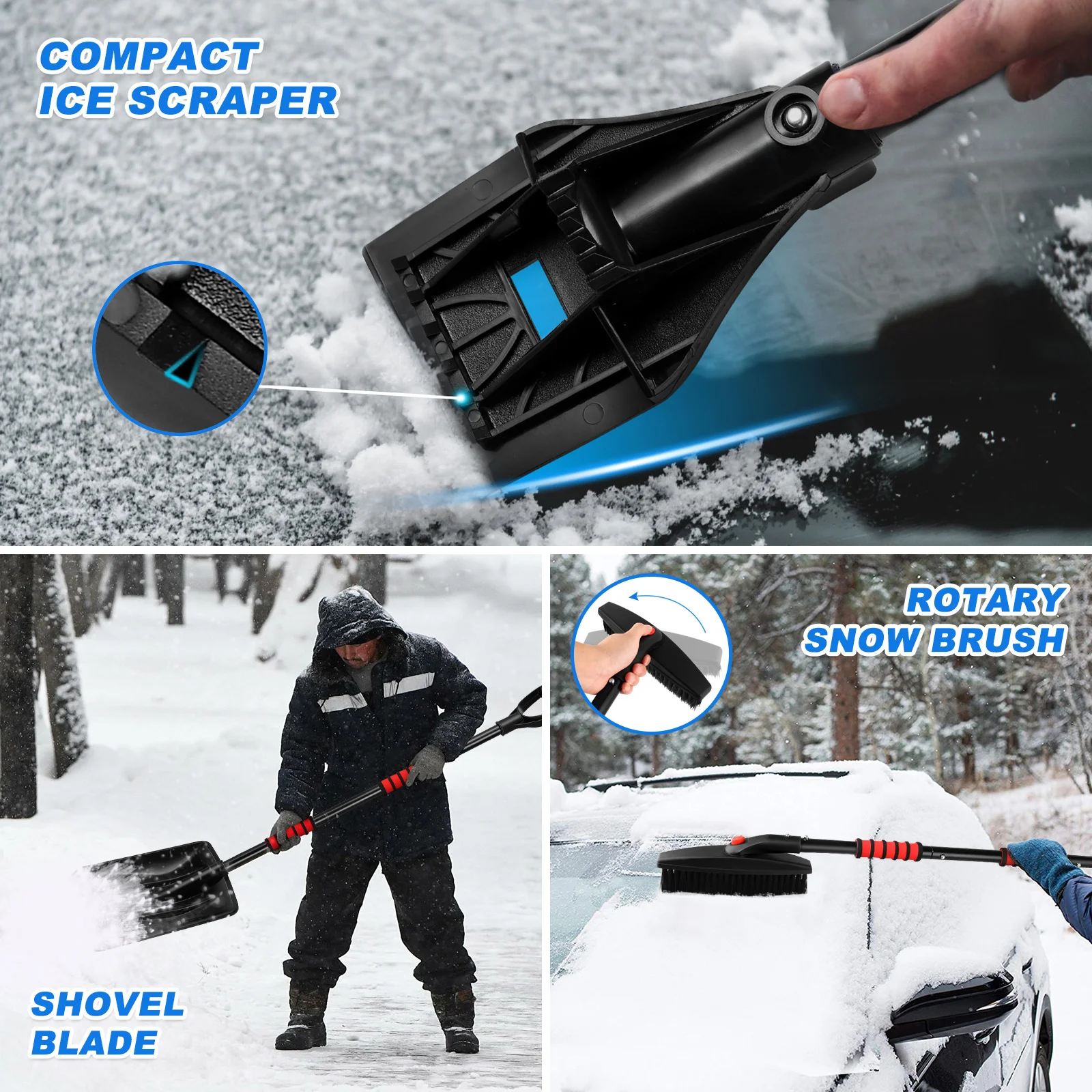

3in1 Snow Shovel Kit Detachable Brush Ice Scraper Car Windshield Snow Remover Tool Thick Bristles EVA Grip Ergonomic Handle