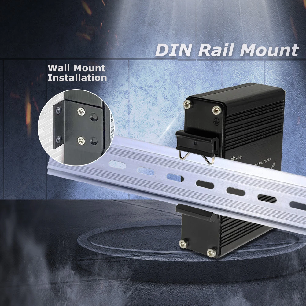 産業用ギガビット PoE インジェクター 12 ～ 48VDC Din レール イーサネット アダプター IEEE802.3af/at/bt IP40