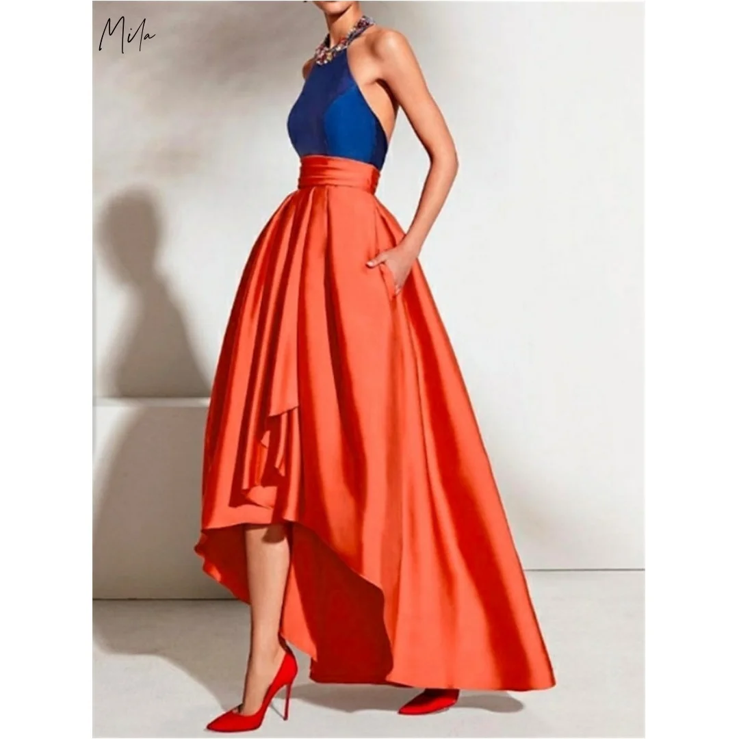 

Mila Blue & Orange Contrast Halter Prom Dresses Rhinestone Trim High Waist Satin Asymmetrical Pocket Skirt Customized A-line
