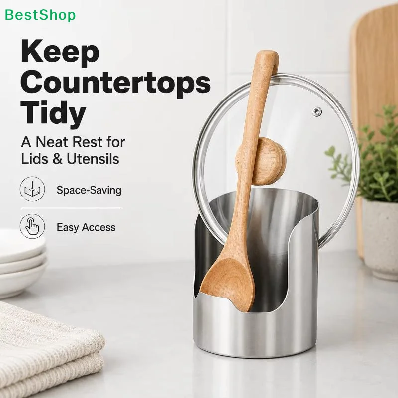〔Q〕Stainless Steel Pot Lid Holder Spoon Holder Rust-Resistant And Features Compartment Heat-Resistant Easy To Clean
