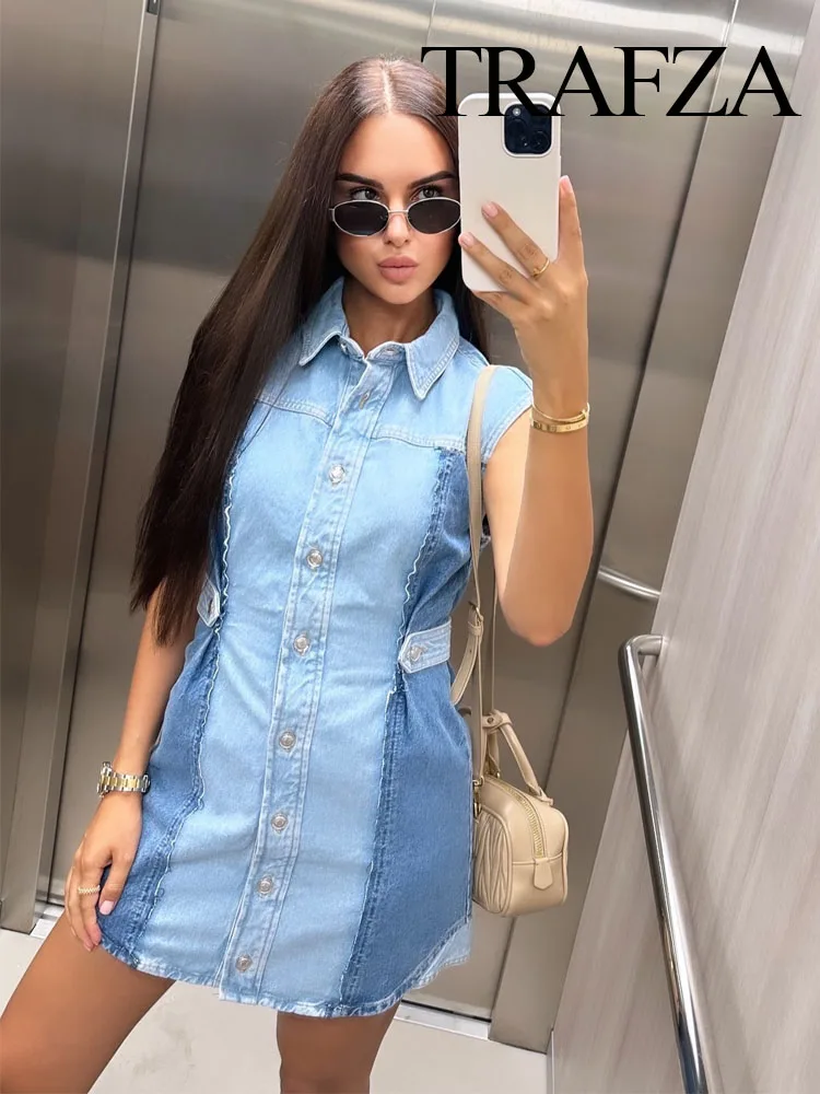 Trafza Zomer Trendy Denim Jurk Voor Vrouwen 2024 Causale Patchwork Revers Mouwloze Retro Single Breasted Elegante Jurken Traf