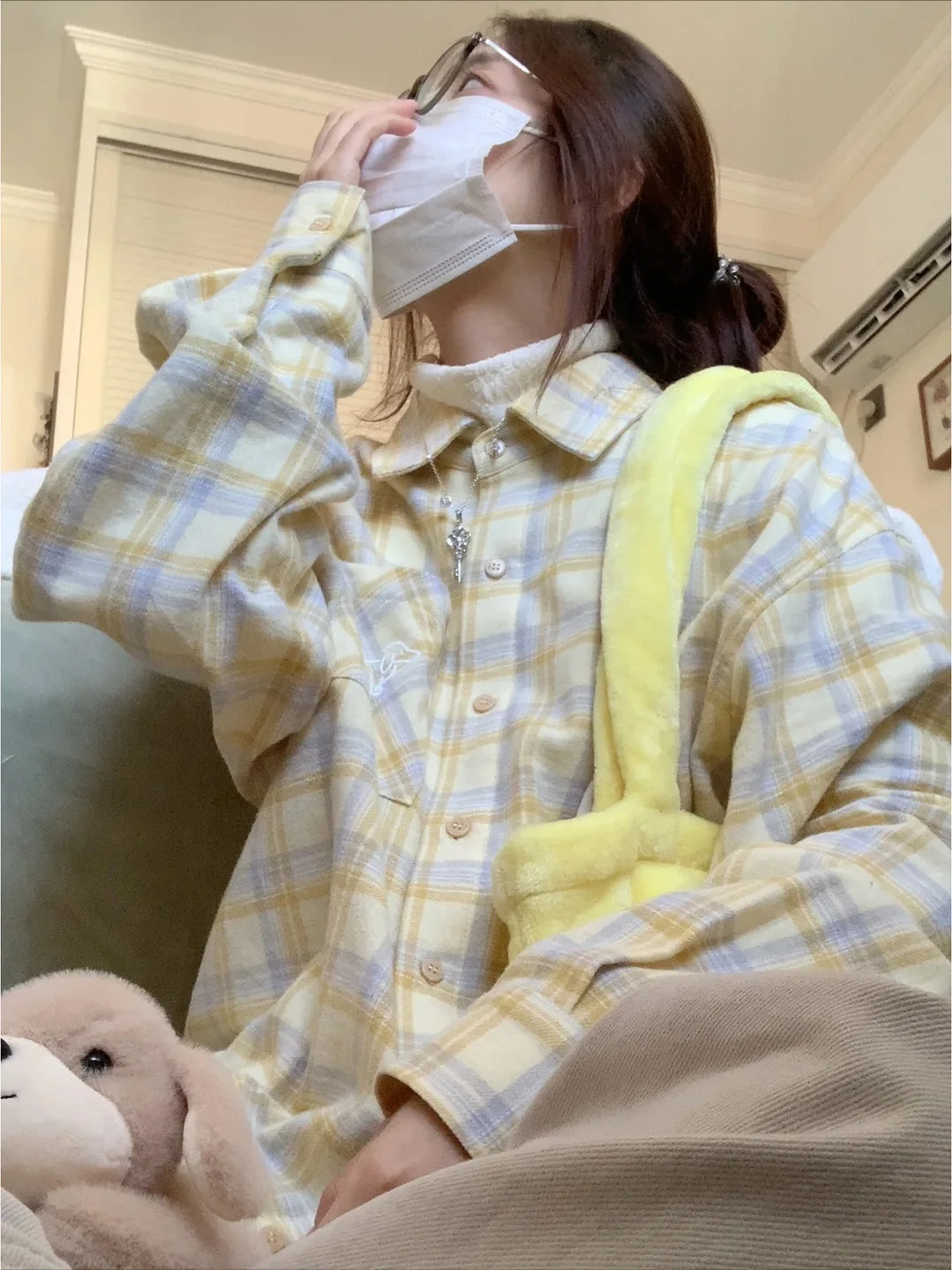 

Miu Style College Fashion Embroidered Light Yellow Plaid Women's Shirt Summer Loose Casual Small Size Button up Long Sleeve P...