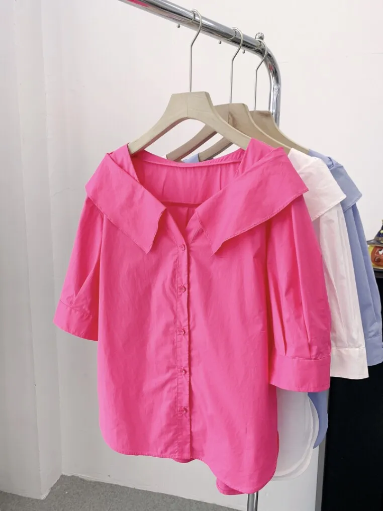 

Casual Loose Breathable Women's Shirt Mid-Sleeve Large Collar Summer New Style Korean Version Sweat Absorbent Slimming Daily ...