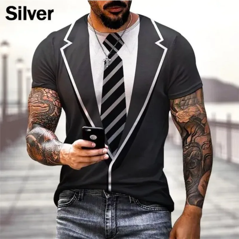 Fashion Funny Fake Suit 3D Printing T-Shirt Tuxedo Bow Tie T-Shirt Men's Street Short Sleeve T-Shirt