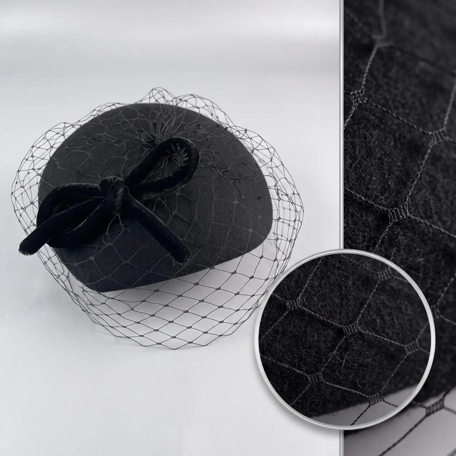 Stylish Women Bow Hairband Wool Felt Small Wedding Hat with Veil for Ceremony Head Accessory