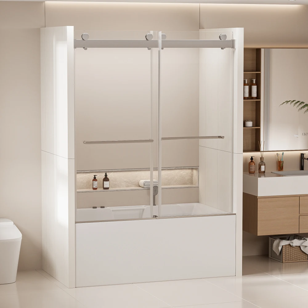 

56-60 in. W x 62 in. H Frameless Double Sliding Tub Door, Bypass Tub Shower Door Soft Closing, Chrome CM-24D02-T60CHX