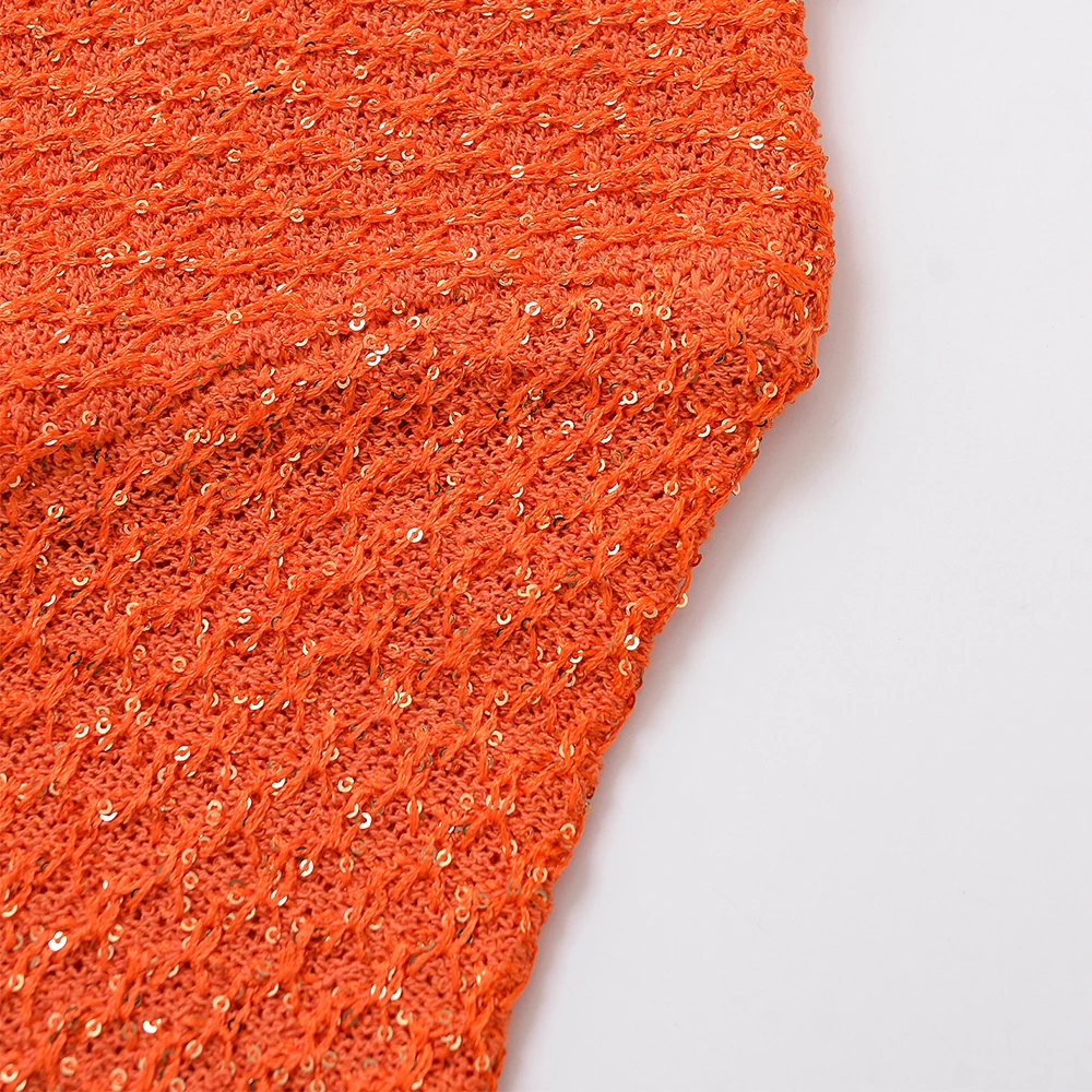 سترة نسائية صيفية عصرية برتقالية بأكمام قصيرة ورقبة دائرية وزر واحد سترة علوية متماسكة بالترتر سترة نسائية 9598092 #3