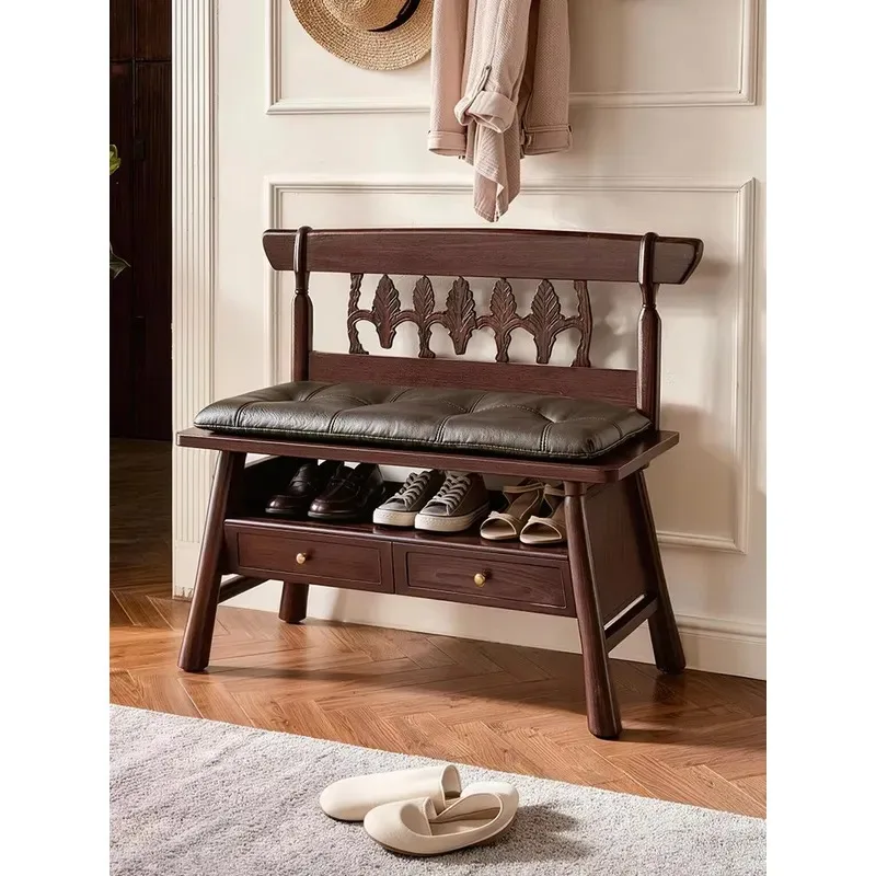 Wood Leather Upholstered Shoe Stool with Storage Space for Porch Corridors American Country Design Chair Furniture