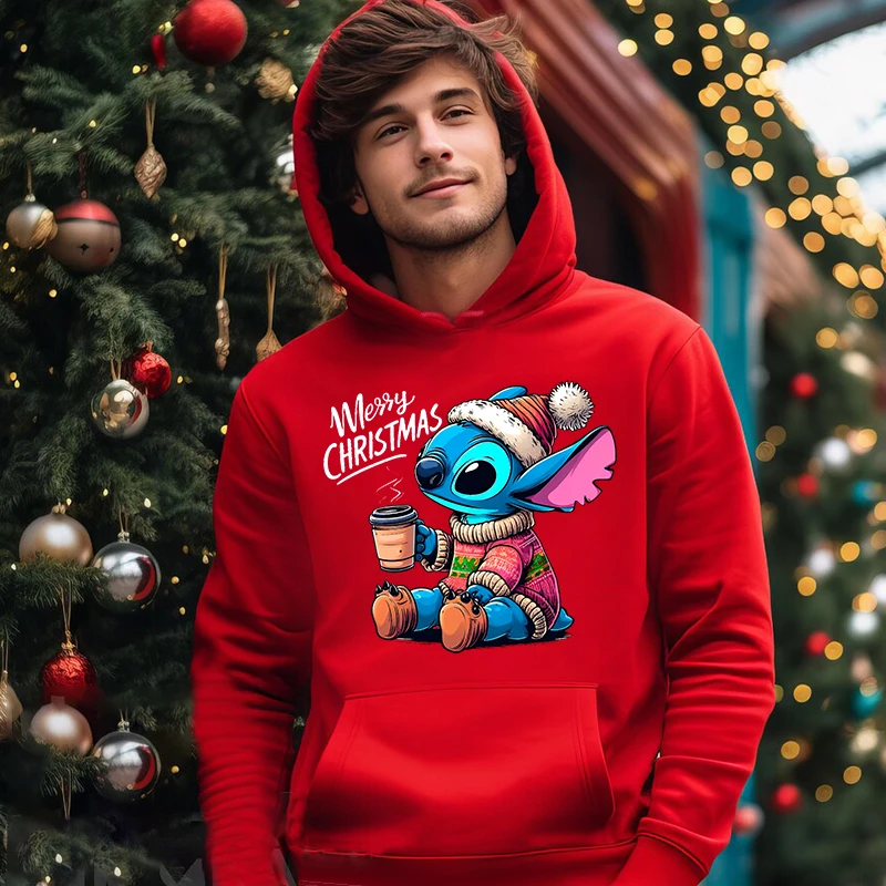 Stitch Christmas Print Men\'s Autumn and Winter Hoodie Plus Velvet Sports Sweater Red Loose Men\'s Clothing