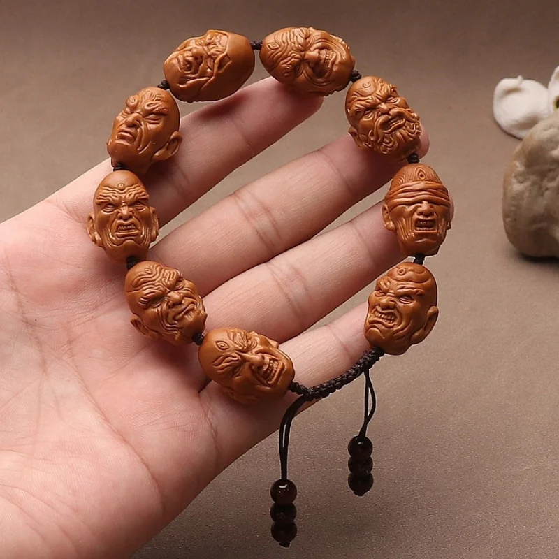 Handmade Olive Nine Great Sages, Single-Loop Bracelet With Carved Arhat Stone