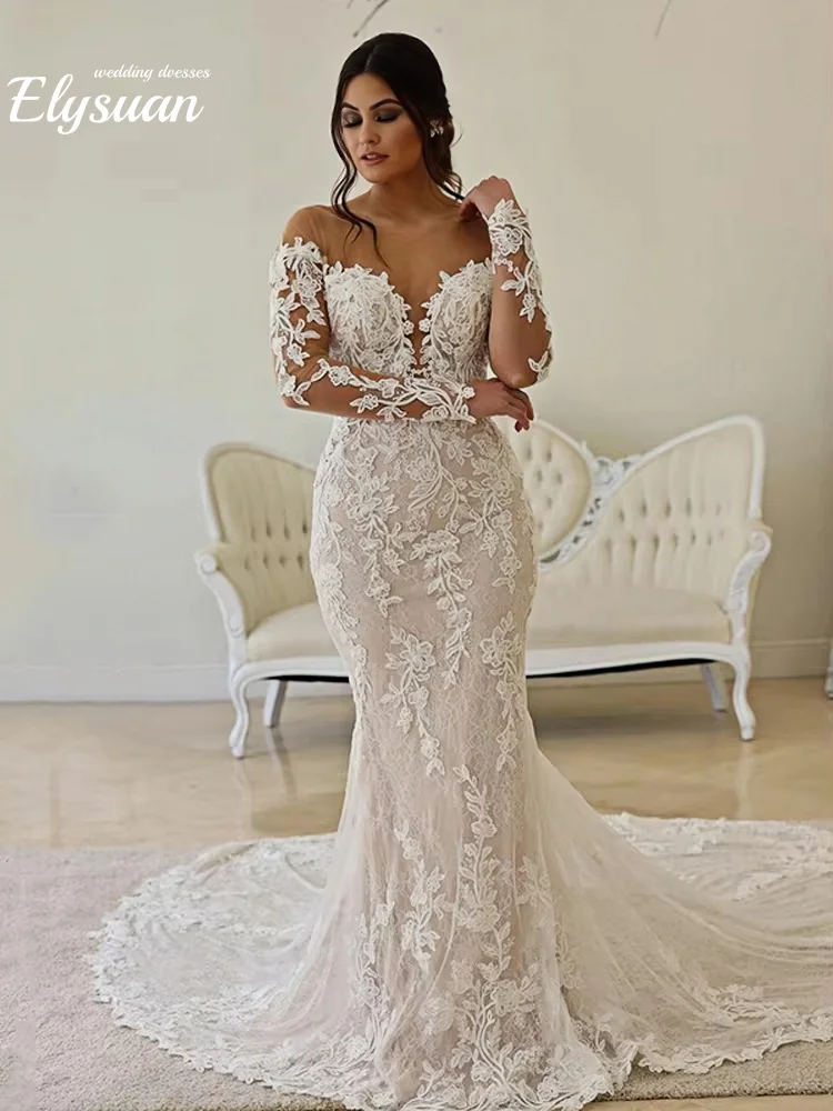 فساتين زفاف حورية البحر أنيقة شفافة ورقبة دائرية وأكمام طويلة مزينة بظهر مكشوف فستان زفاف فيستدو دي نوفيا