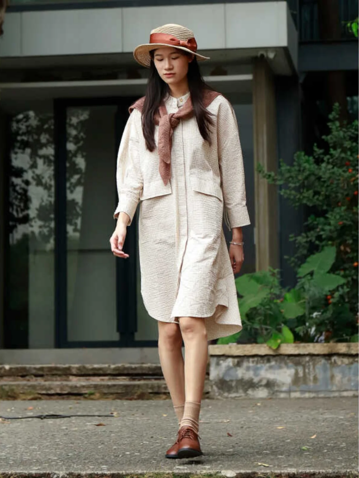 

Повседневная женская рубашка в клетку, весна-лето, свободный крой, рукав 3/4, воротник-стойка, хлопок, O-образный вырез, для работы и повседневной носки, YW0...