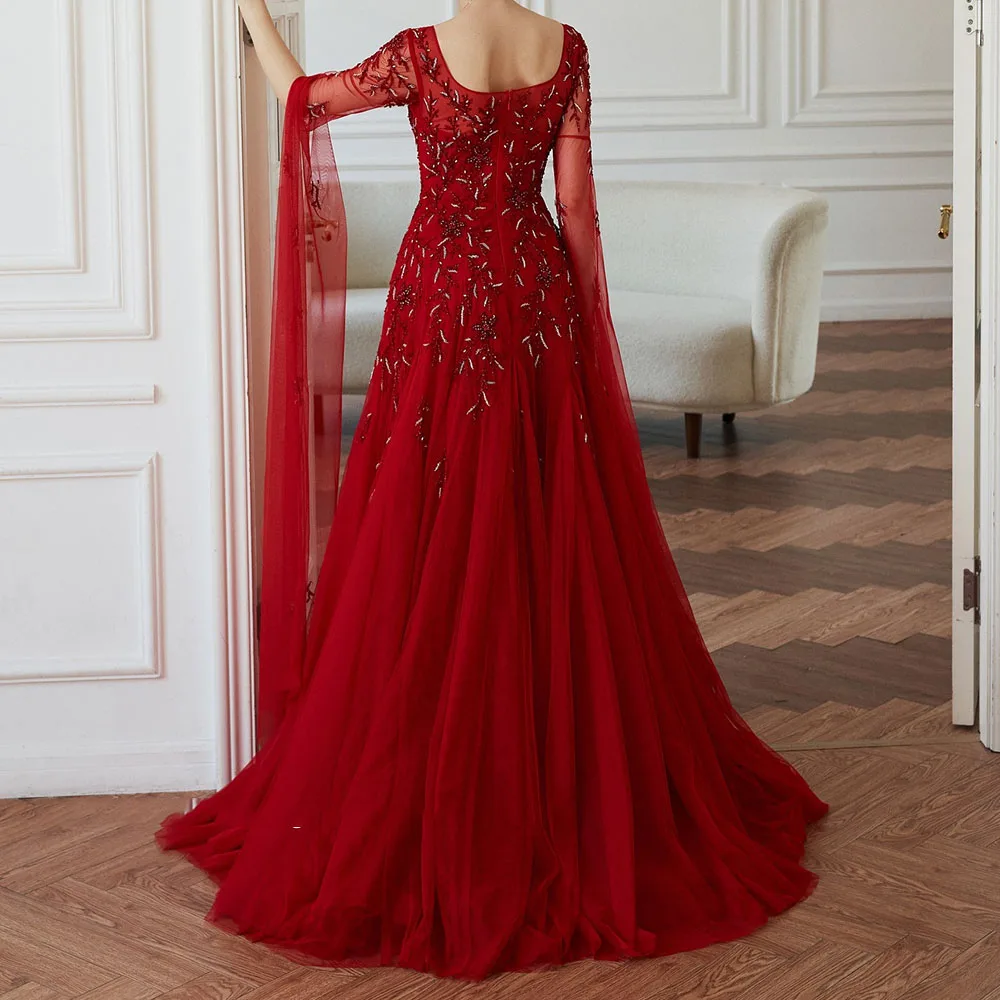 Customized A-line Evening Dresses Floor-length V-neck Full Sleeve Prom Gown Fashion Beading Sequined Backless Draped Party Gown