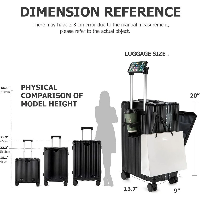 

20in Aluminium Frame Hardside Spinner Wheel Luggage, Built-In TSA lock Carry on Suitcase, with Cup Holder