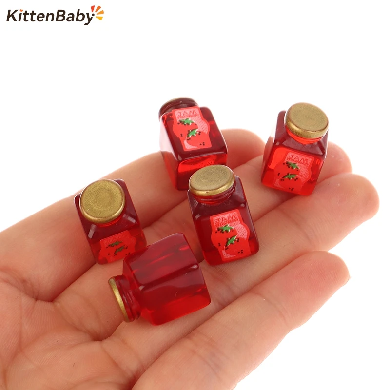 5Pcs 1/12 Dollhouse Miniature Strawberry Sauce Jam Jar Dollhouse Kitchen Food Toys Model Accessories DIY Decor Toys