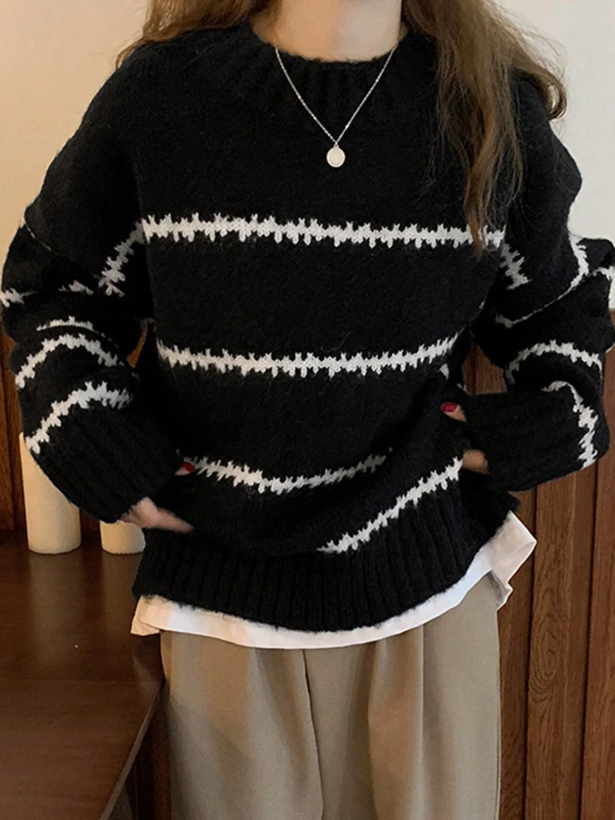 

Retro Japanese Sle Loose Thiened Long Sve Knitted Sweater Women's Spring Autumn New f High Collar Striped Knitwear