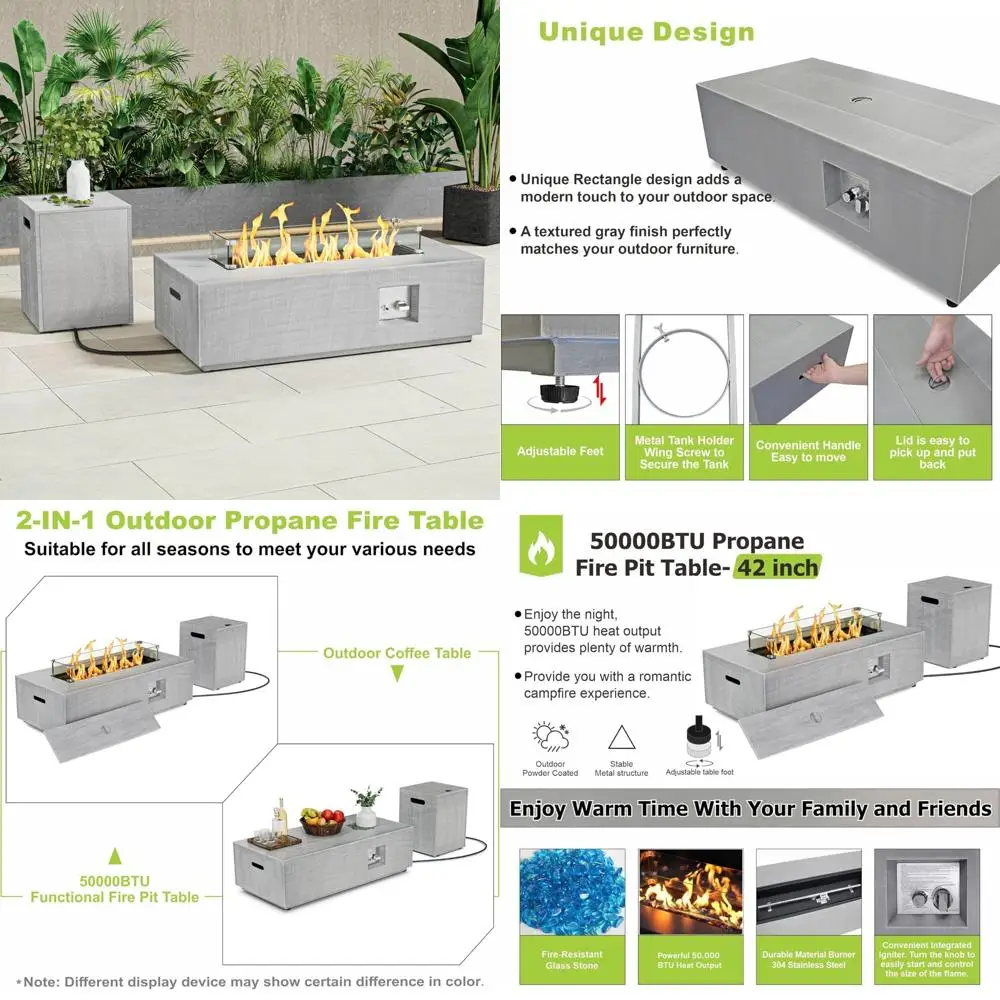 

Стол для костра на пропане на открытом воздухе — 42 прямоугольника, 50 000 БТЕ, ветрозащитное стекло, крышка, скалы, крышка, идеально подходит для развлечений на открытом воздухе