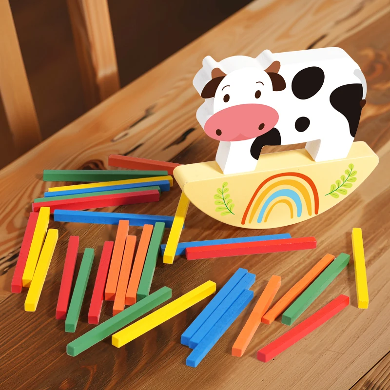 Wooden Animal Stacking Block Game Cow Stacking Balance Toy Montessori Fine Motor Training Educational Toys For Children Kids