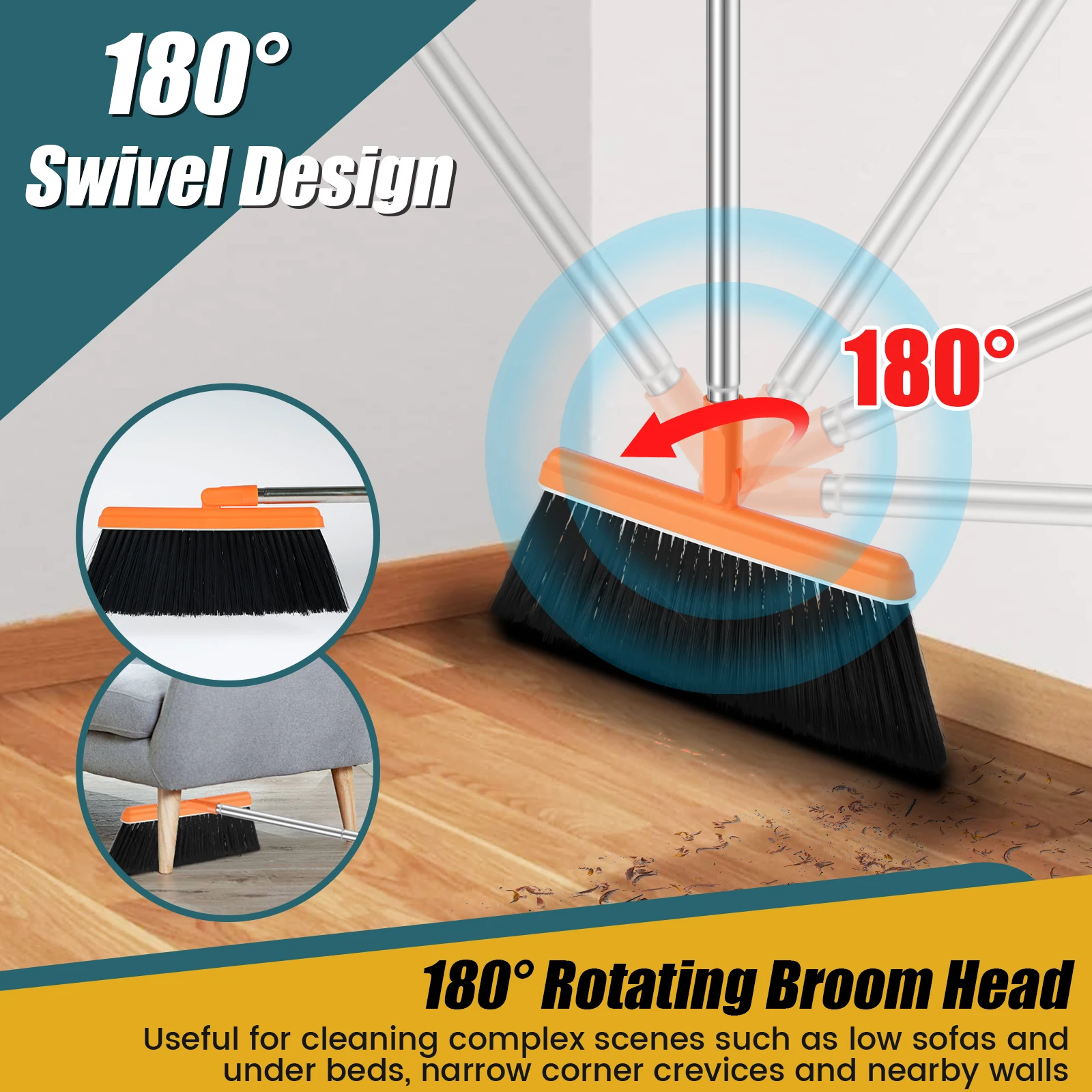 Broom and Dustpan Set with Adjustable Long Handle Efficient Broom Dustpan Combo with Comb Teeth Portable Sweeper and Dustpan Set