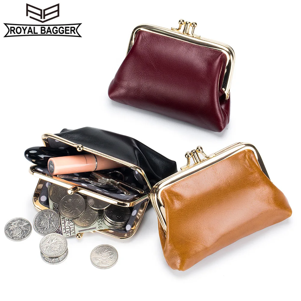 Royal Bagger Double Layer Coin Purse for Women Mini Oil Wax Skin Storage Bags Genuine Cow Leather Fashion Mouth Gold Bag 2075